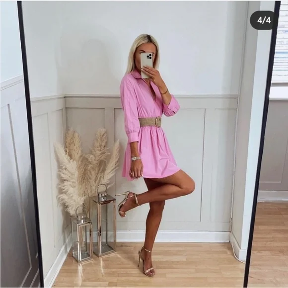 Zara collard v neck pink mini dress — smocked waist long sleeves skater dress - Picture 15 of 15